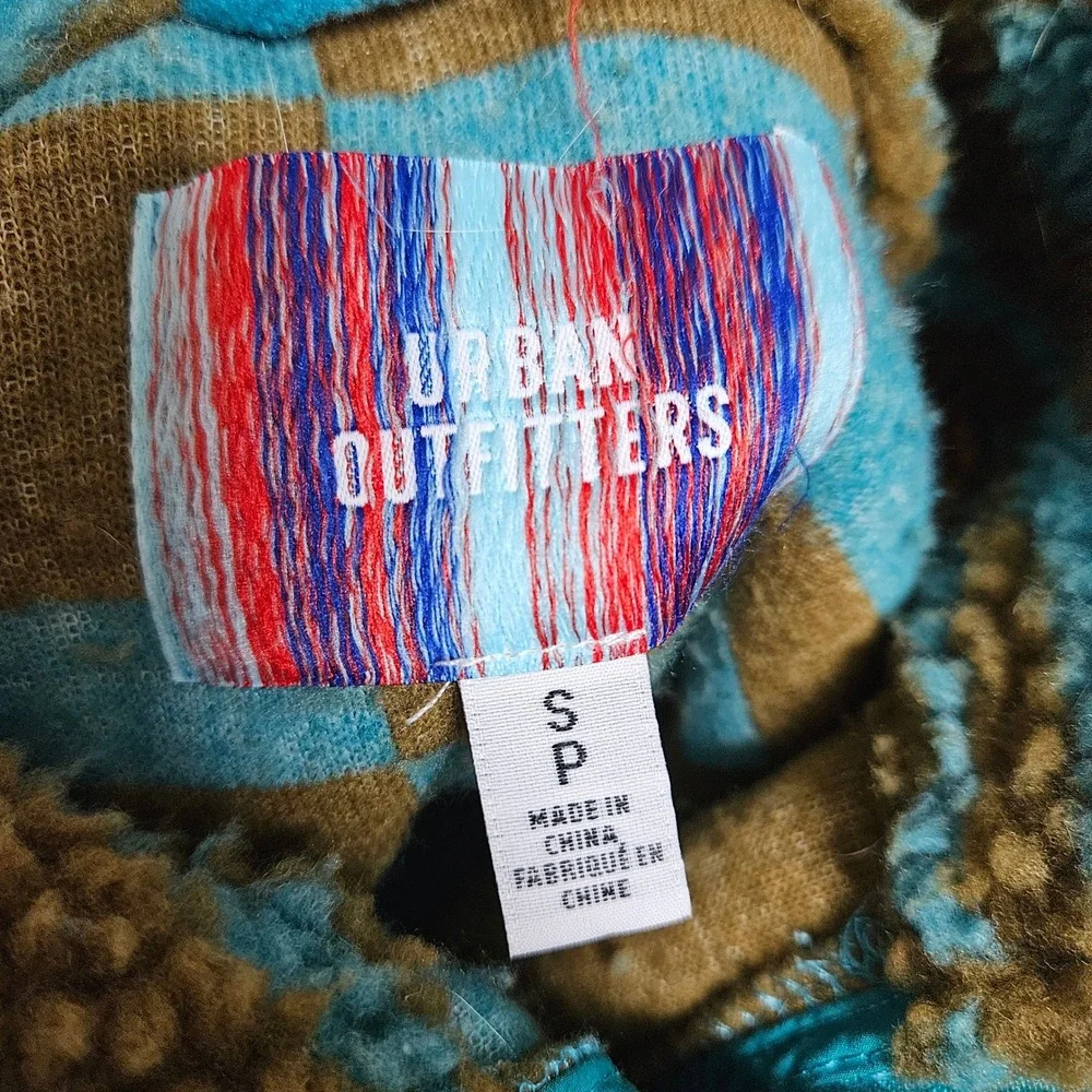 Urban Outfitters Fleece‎ Jacket Adult Sm Blue Brown Checkered Sherpa Full Zip